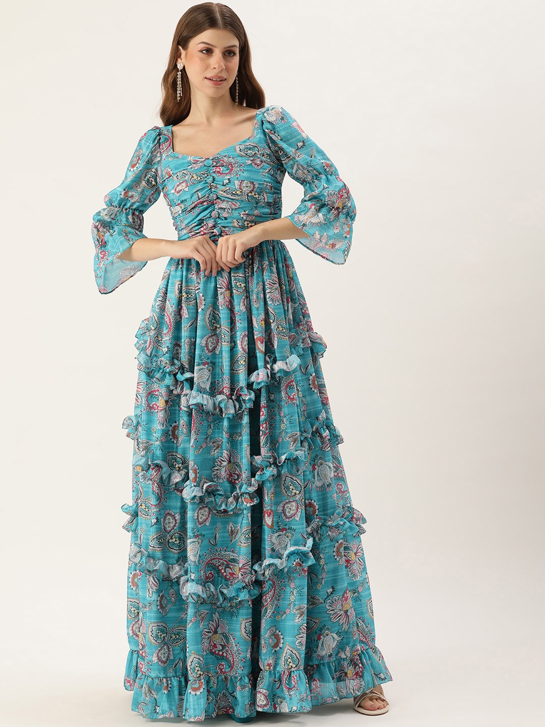 

Ethnovog Floral Print Puff Sleeves Sweetheart Neck with Ruffles Detail Gown, Blue