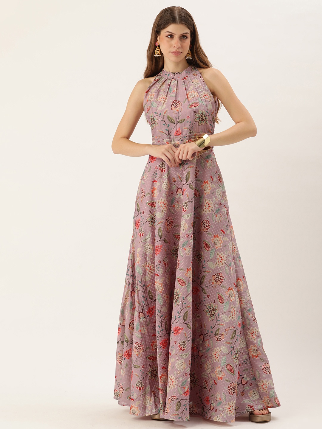 

Ethnovog Floral Print Halter Neck Gown Maxi Dress, Mauve