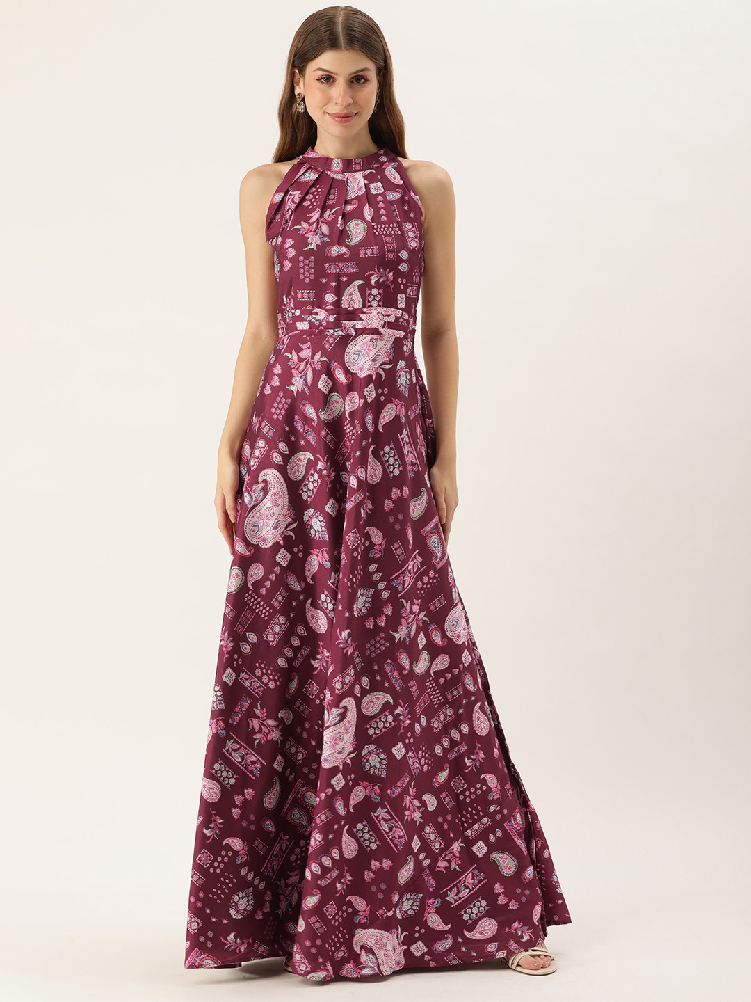 

Ethnovog Ethnic Motifs Print Halter Neck Gown Maxi Dress, Maroon