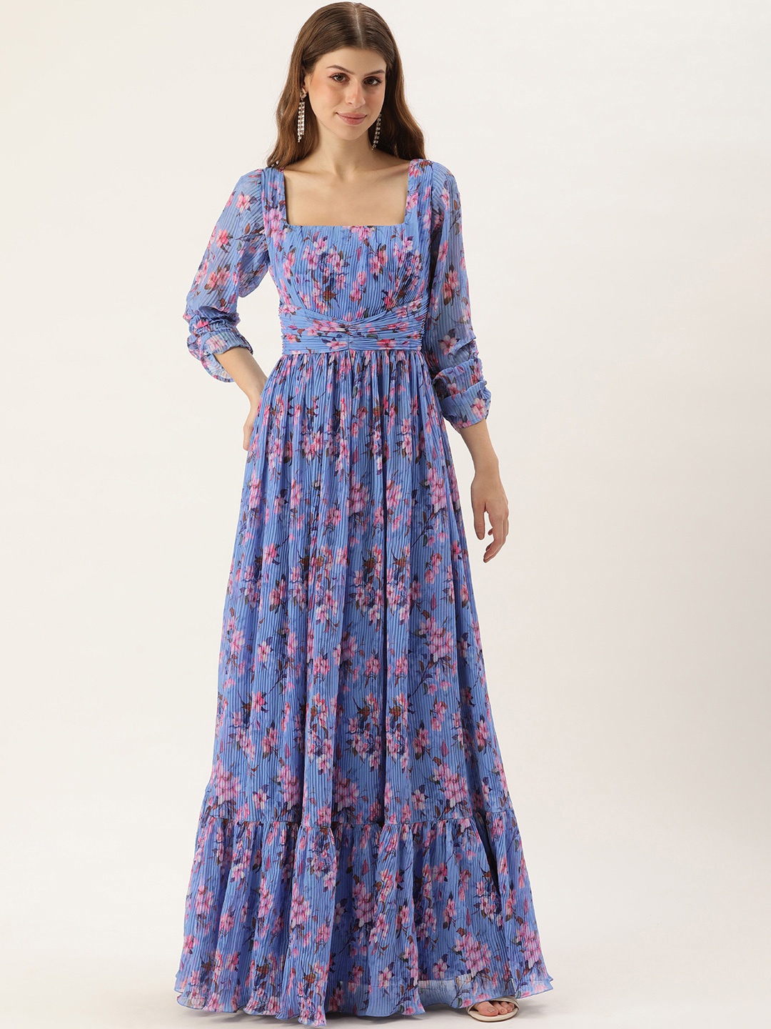 

Ethnovog Floral Print Accordion Pleated Georgette Gown, Blue