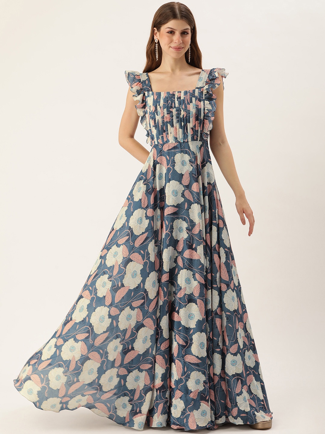 

Ethnovog Floral Print Pleated Gown Maxi Dress, Blue