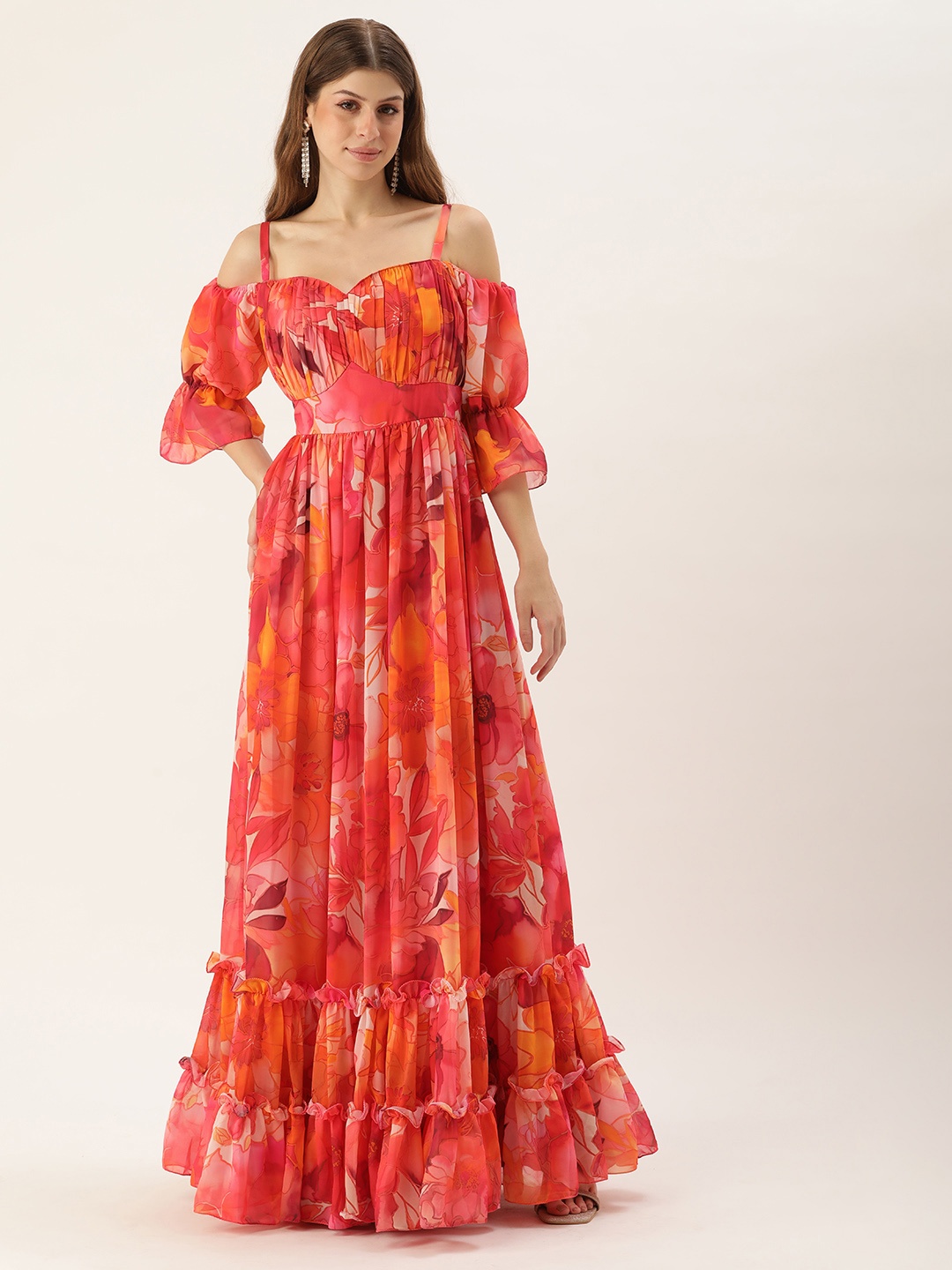 

Ethnovog Floral Print Cold-Shoulder Ruffled Georgette Gown Maxi Dress, Multi