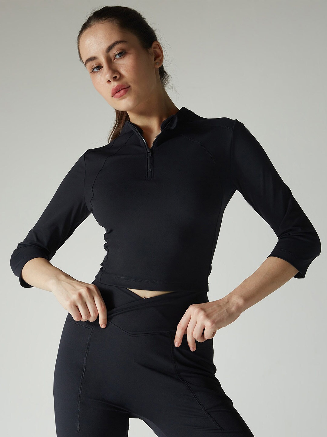 

CAVA High Neck Fitted Crop Sports Silhouette Zip Top, Black