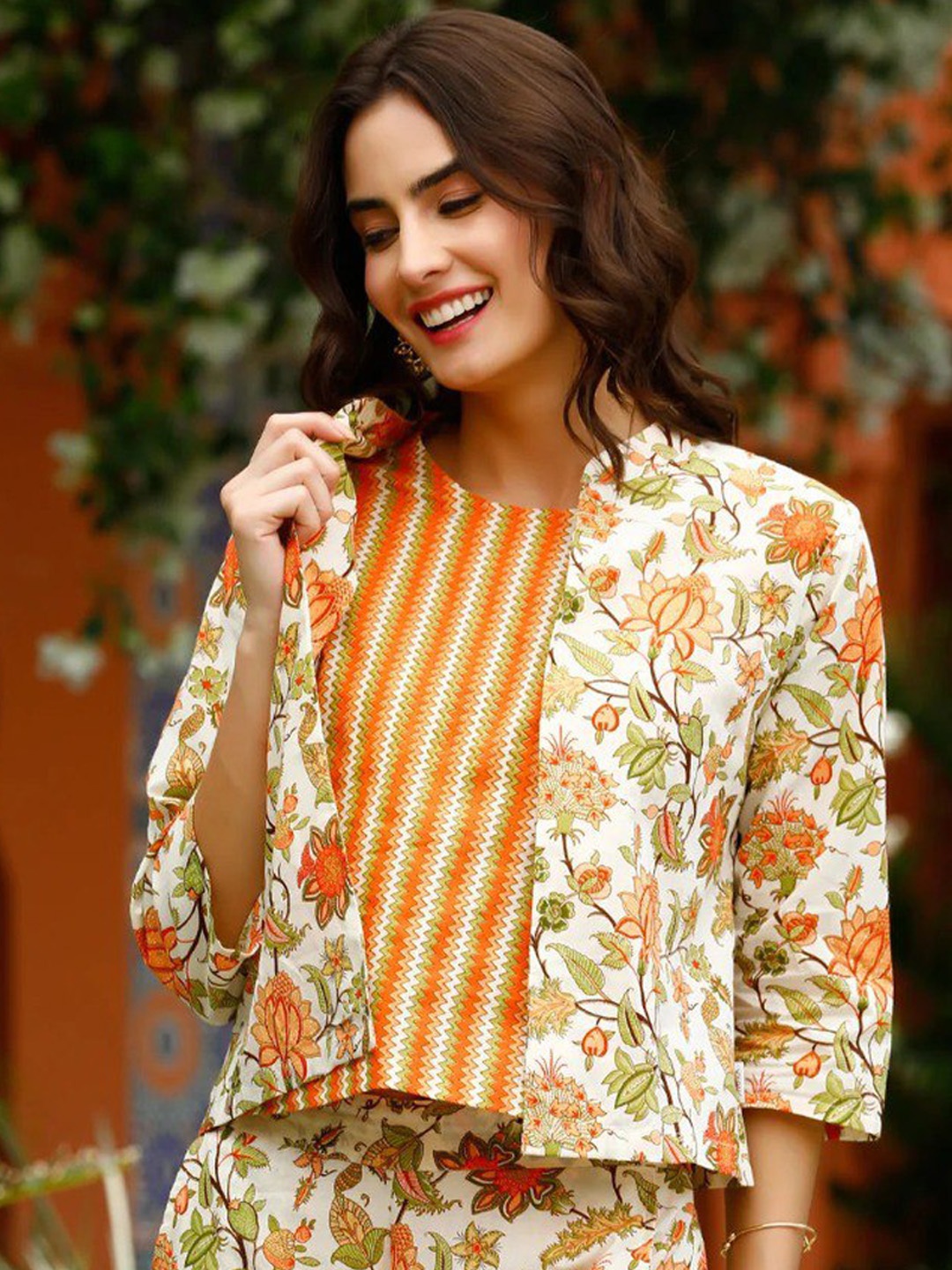

ISHA TRADE Printed Top & Trouser With Coat, Orange