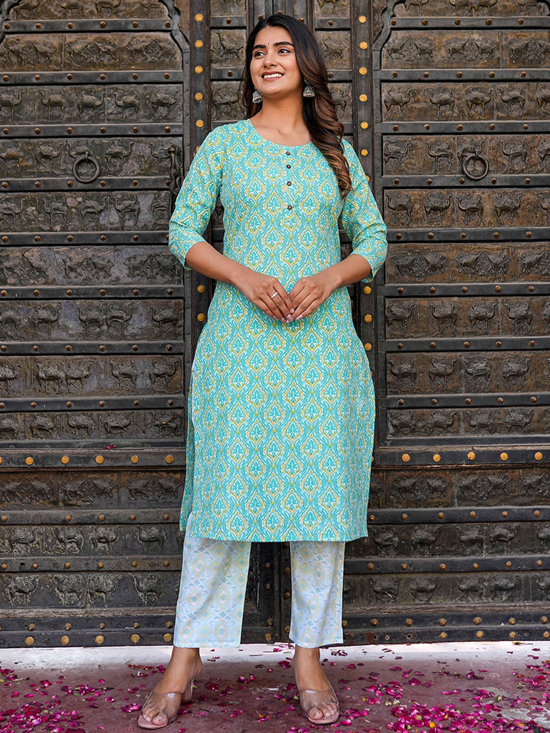 

KIDPORIUM Ethnic Motifs Printed Regular Straight Kurta with Trouser, Green