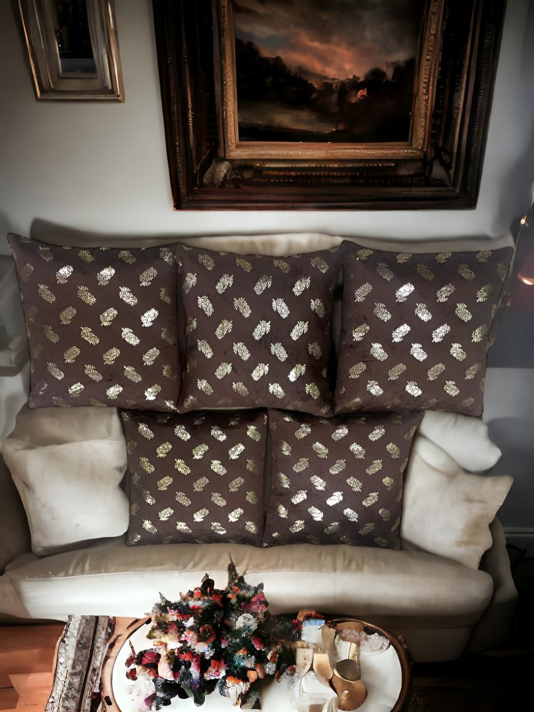 

CASA-NEST Brown & Gold-Toned 5 Pieces Floral Square Cushion Covers