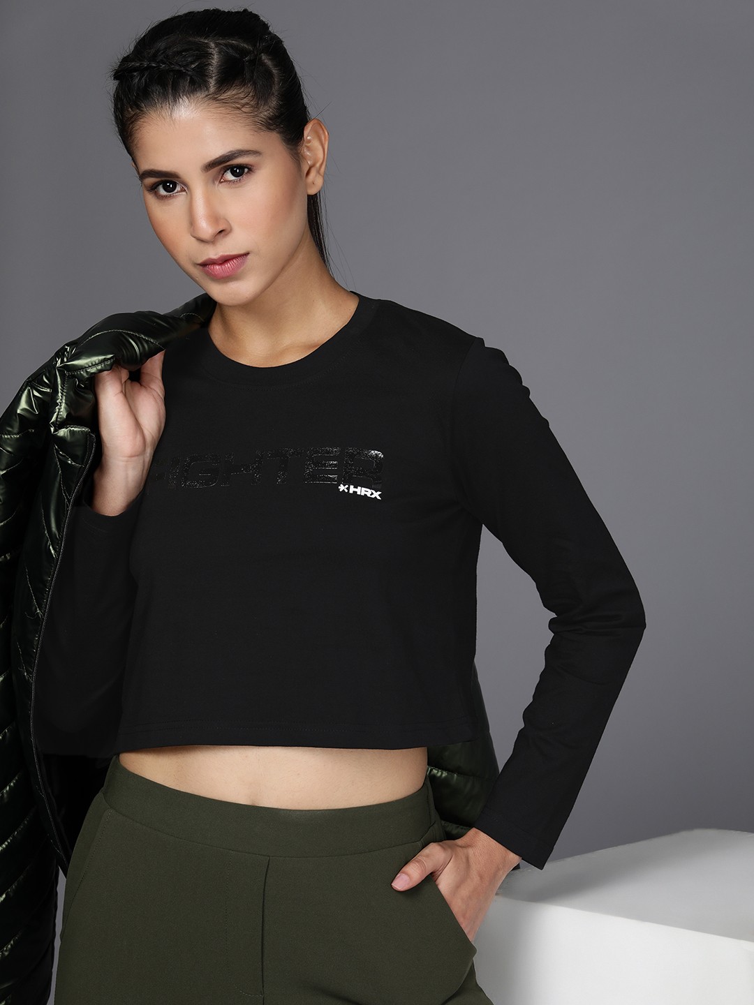 

HRX by Hrithik Roshan Fighter Collection Women Printed Cotton Full Sleeve Crop T-shirt, Black