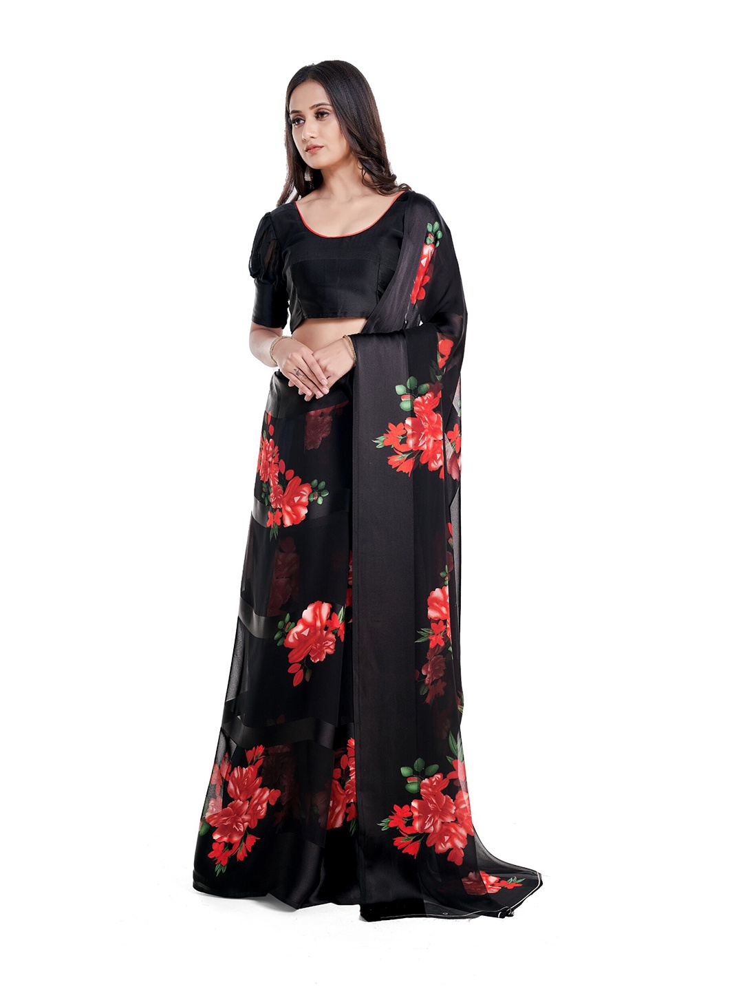 

Sitanjali Floral Printed Satin Saree, Black