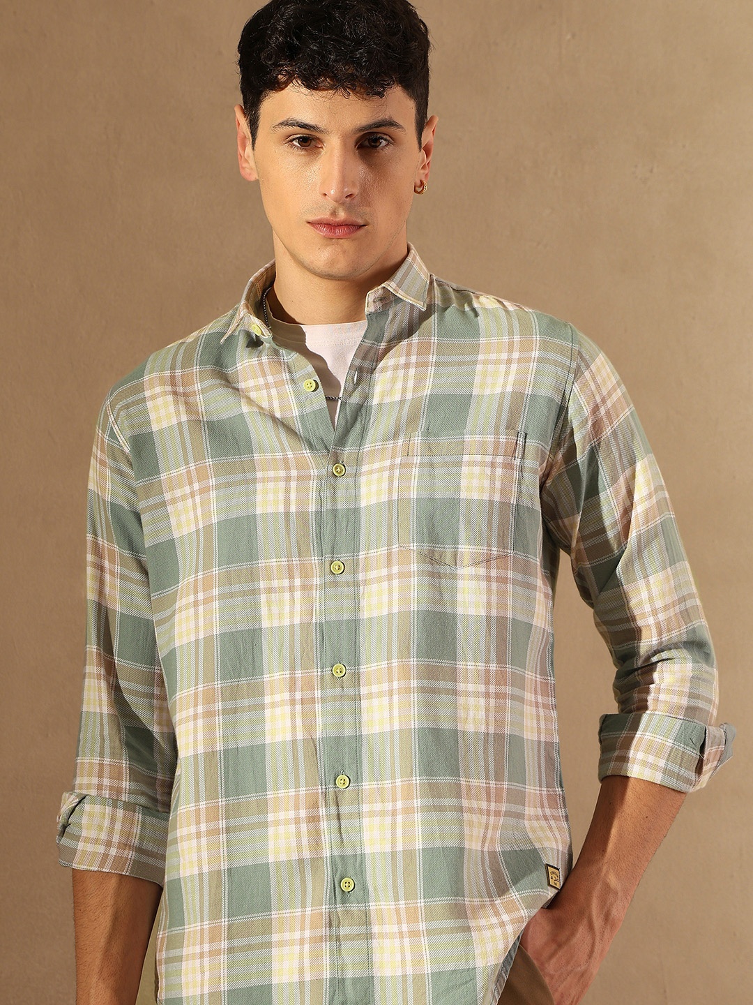 

DENNISON Smart Tartan Checked Spread Collar Casual Shirt, Sea green