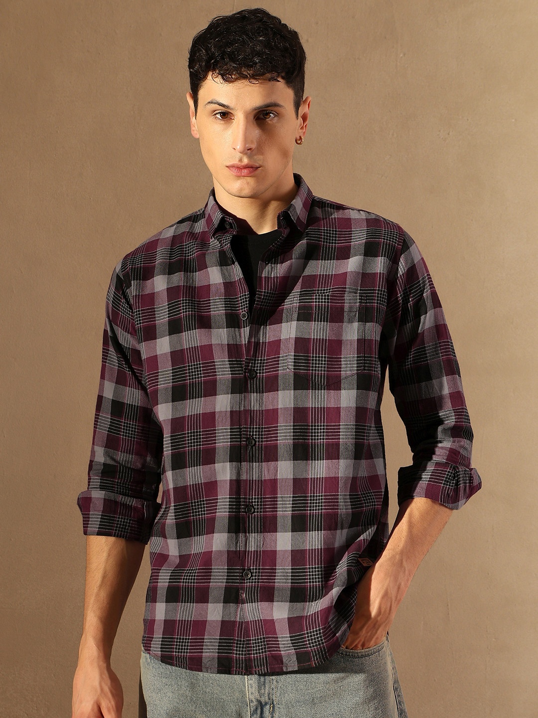 

DENNISON Smart Tartan Checked Spread Collar Casual Shirt, Maroon