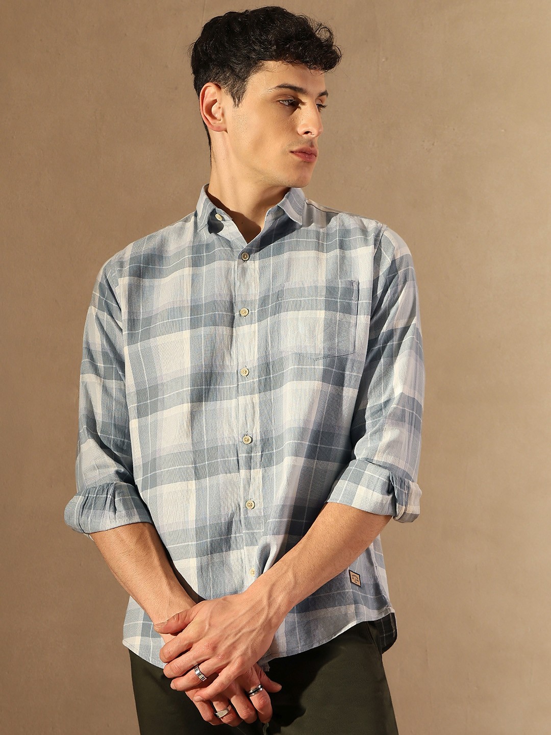 

DENNISON Button-Down Collar Checked Casual Shirt, Grey