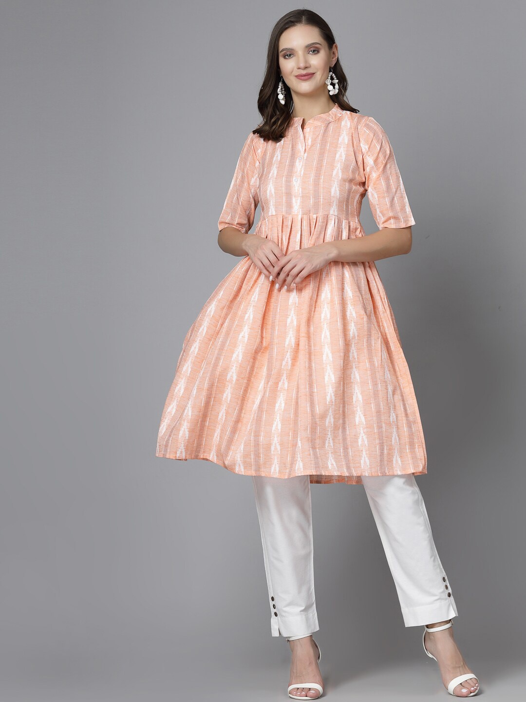 

KALINI Striped Regular Keyhole Neck Cotton Anarkali Kurta, Orange