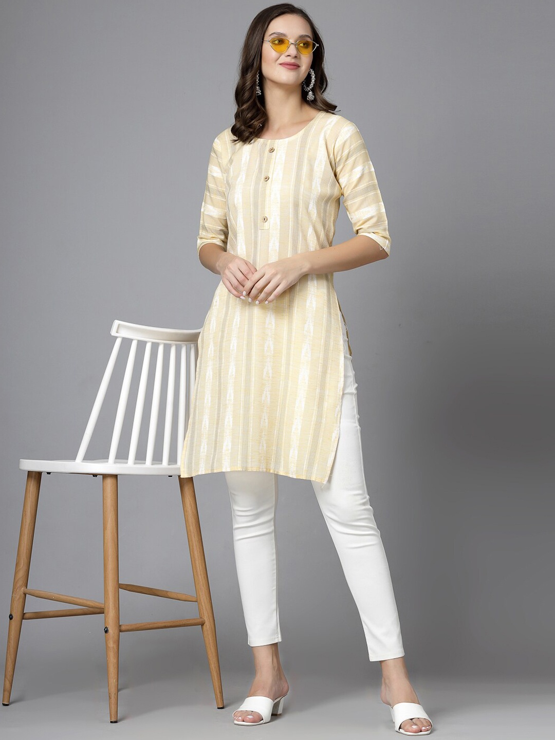 

KALINI Striped Square Collar Roll-Up Sleeves Cotton A-Line Kurta, Yellow