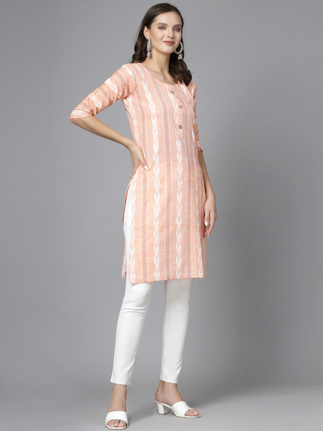 

KALINI Striped Square Neck Full Sleeves Cotton A-Line Kurta, Orange