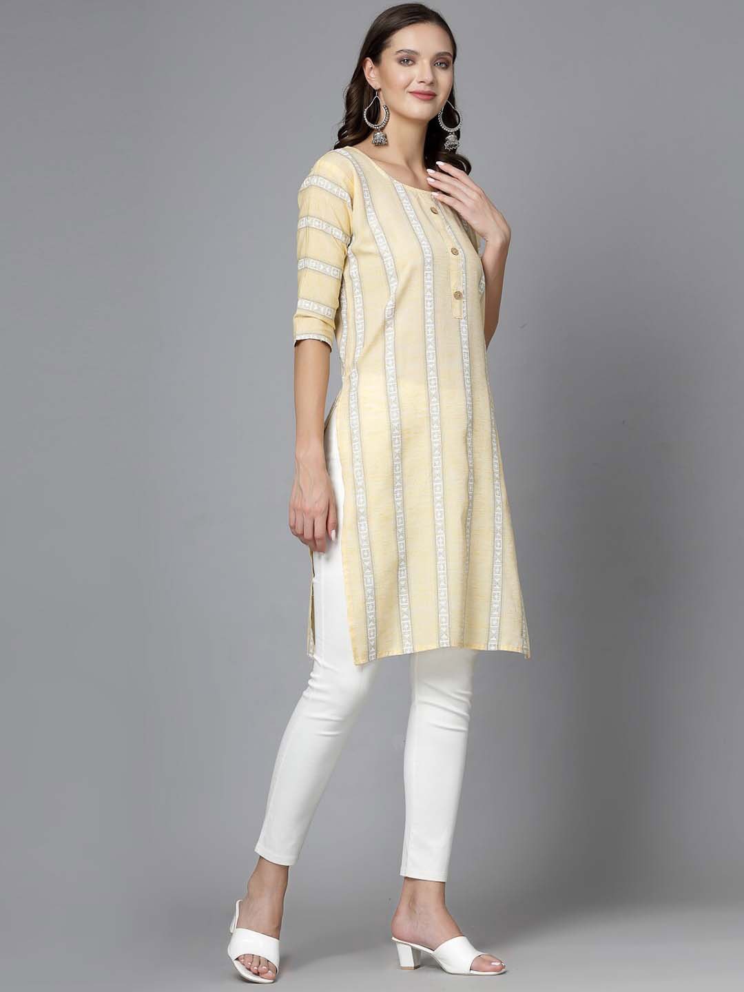 

KALINI Striped Mandarin Collar Full Sleeves Cotton A-Line Kurta, Yellow