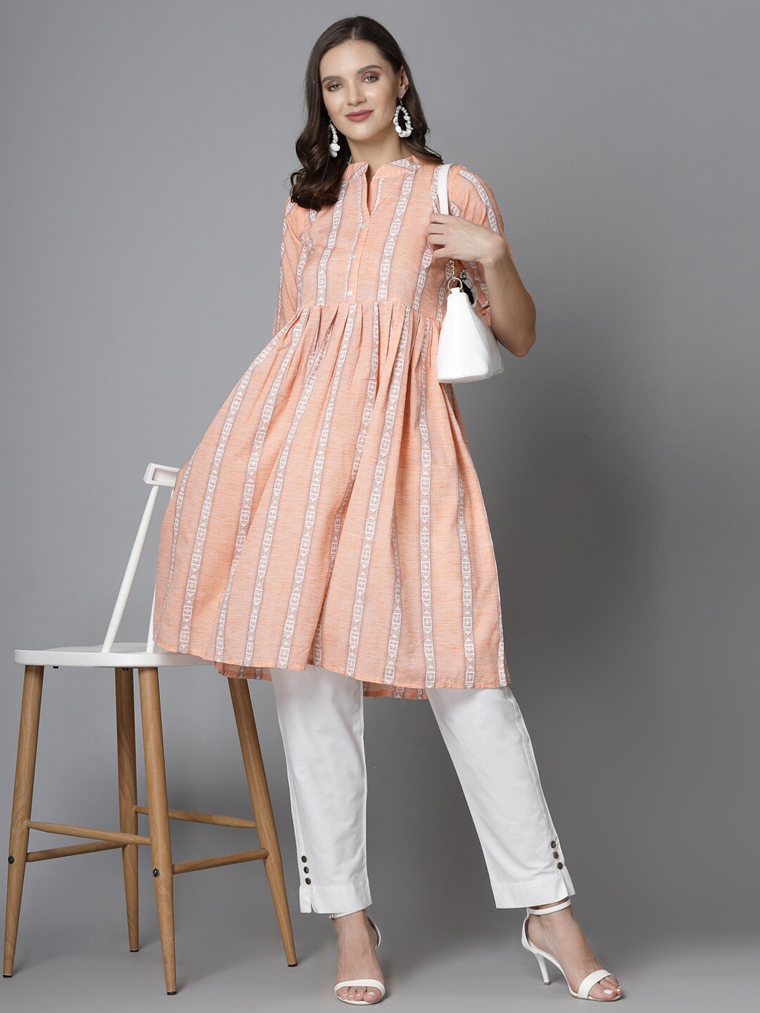 

KALINI Striped Mandarin Collar Roll-Up Sleeves Cotton Anarkali Kurta, Yellow
