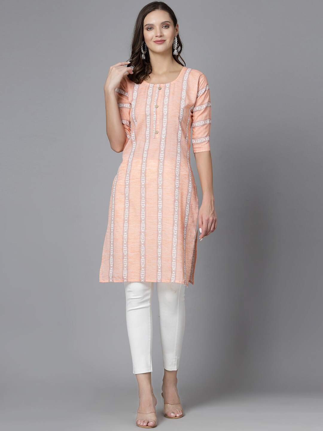 

KALINI Striped Regular Round Neck Cotton Straight Kurta, Orange