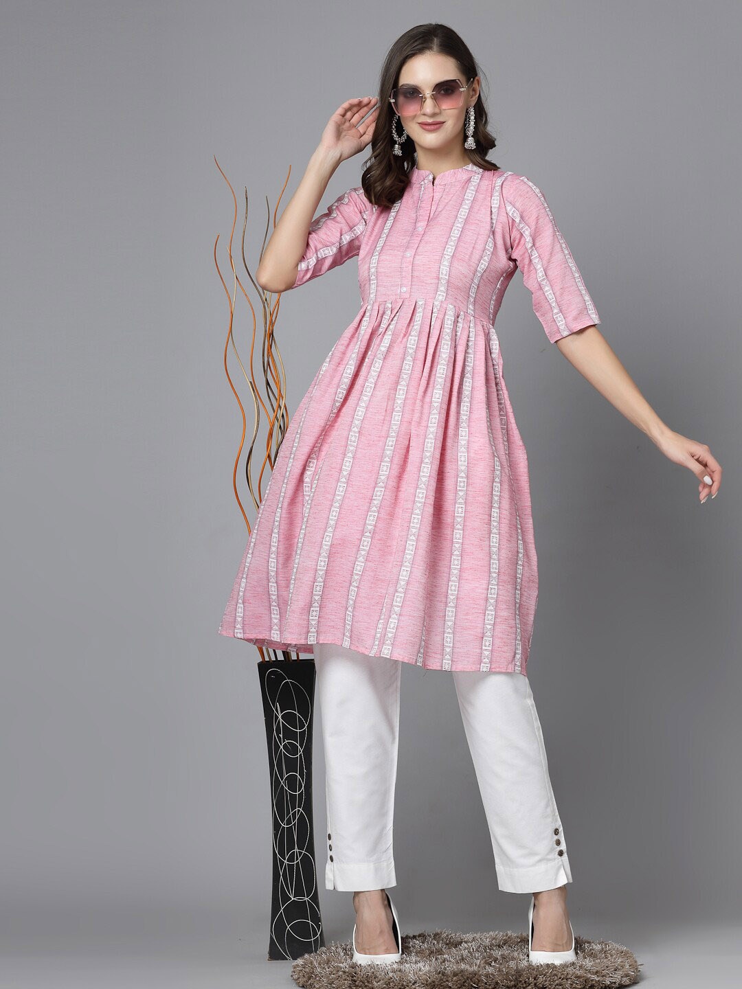 

KALINI Striped Mandarin Collar Roll-Up Sleeves Cotton Anarkali Kurta, Pink