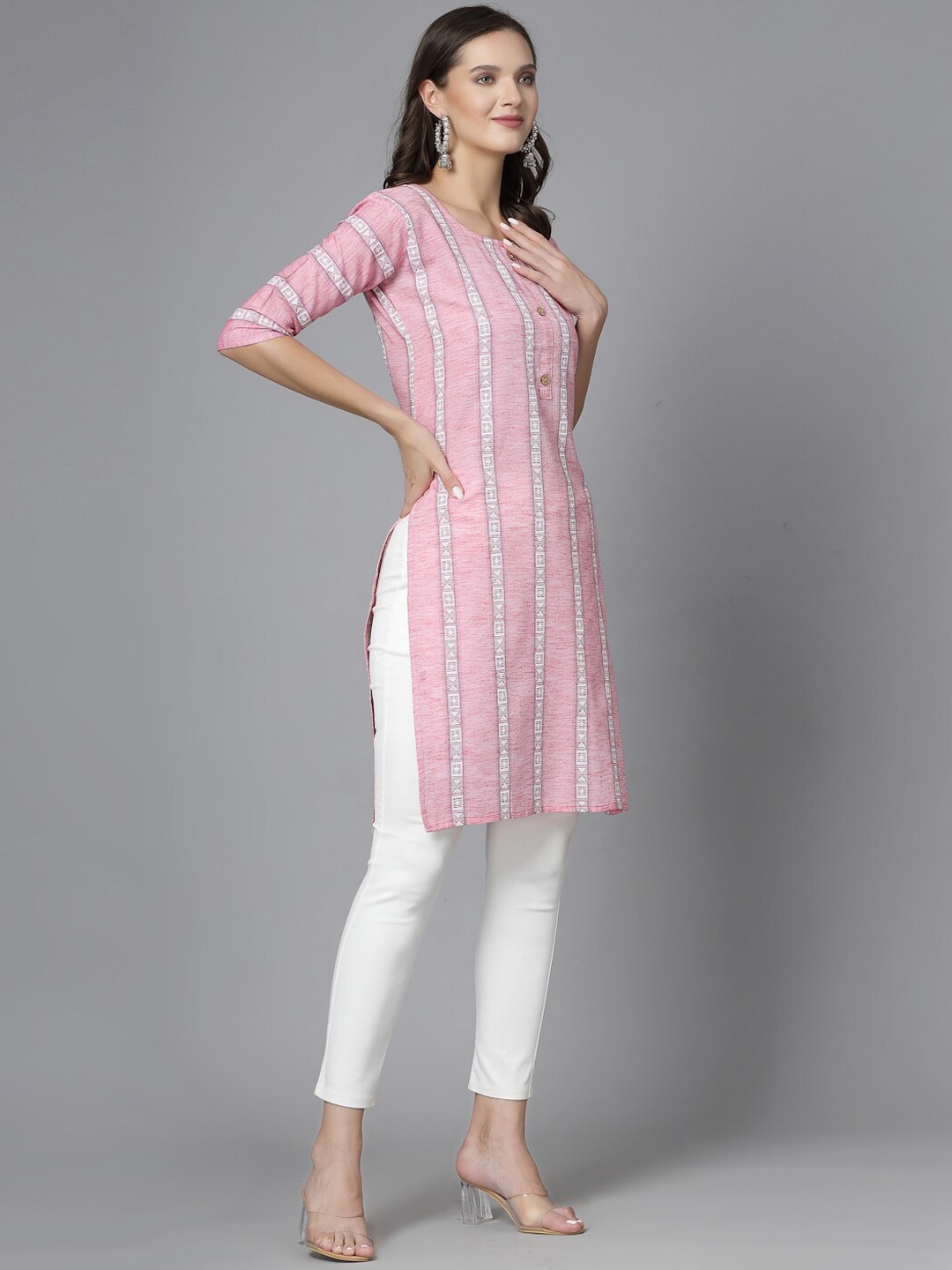 

KALINI Striped Square Neck Full Sleeves Cotton A-Line Kurta, Pink