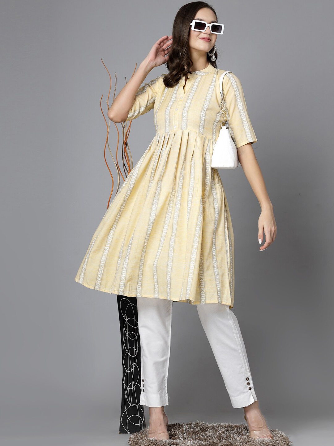 

KALINI Striped Mandarin Collar Roll-Up Sleeves Cotton Anarkali Kurta, Yellow