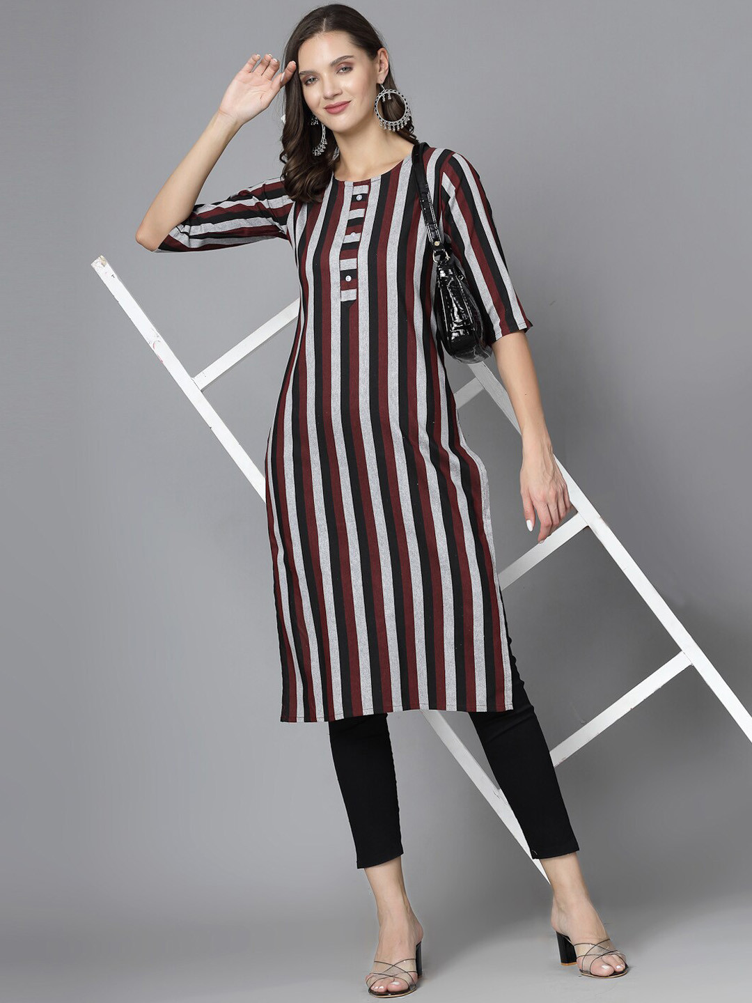 

KALINI Striped Round Neck Full Sleeves Cotton A-Line Kurta, Maroon