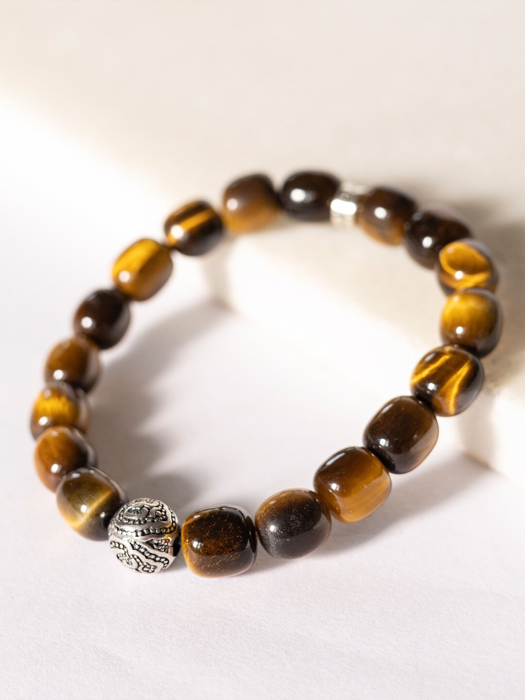 

Stone Story By Shruti Men Tigers Eye Rhodium-Plated Charm Bracelet, Silver