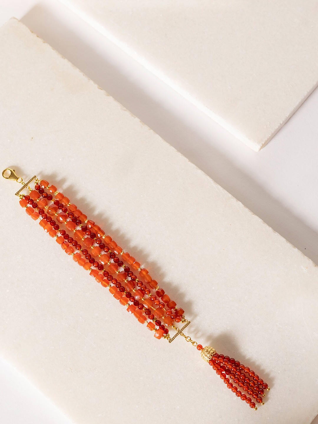 

Stone Story By Shruti Sterling Silver Gold-Plated Carnelian Beaded Wraparound Bracelet, Orange