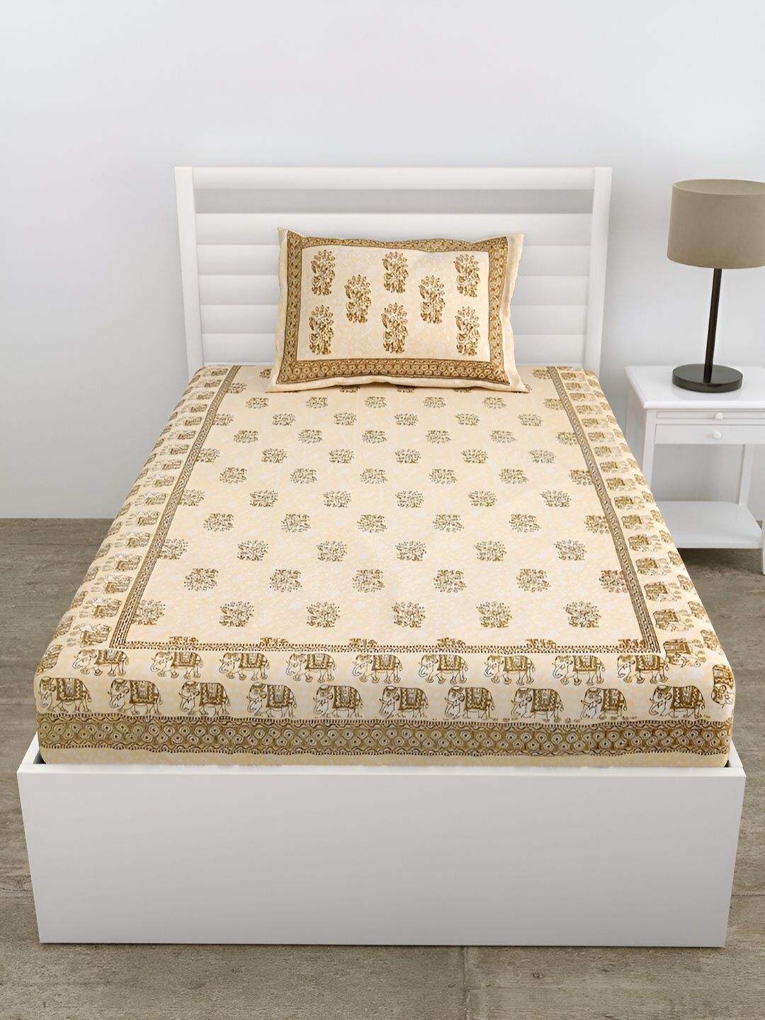 

DOLLIFI Yellow & Peach Ethnic Motifs Cotton 180 TC Single Bedsheet With 1 Pillow Cover