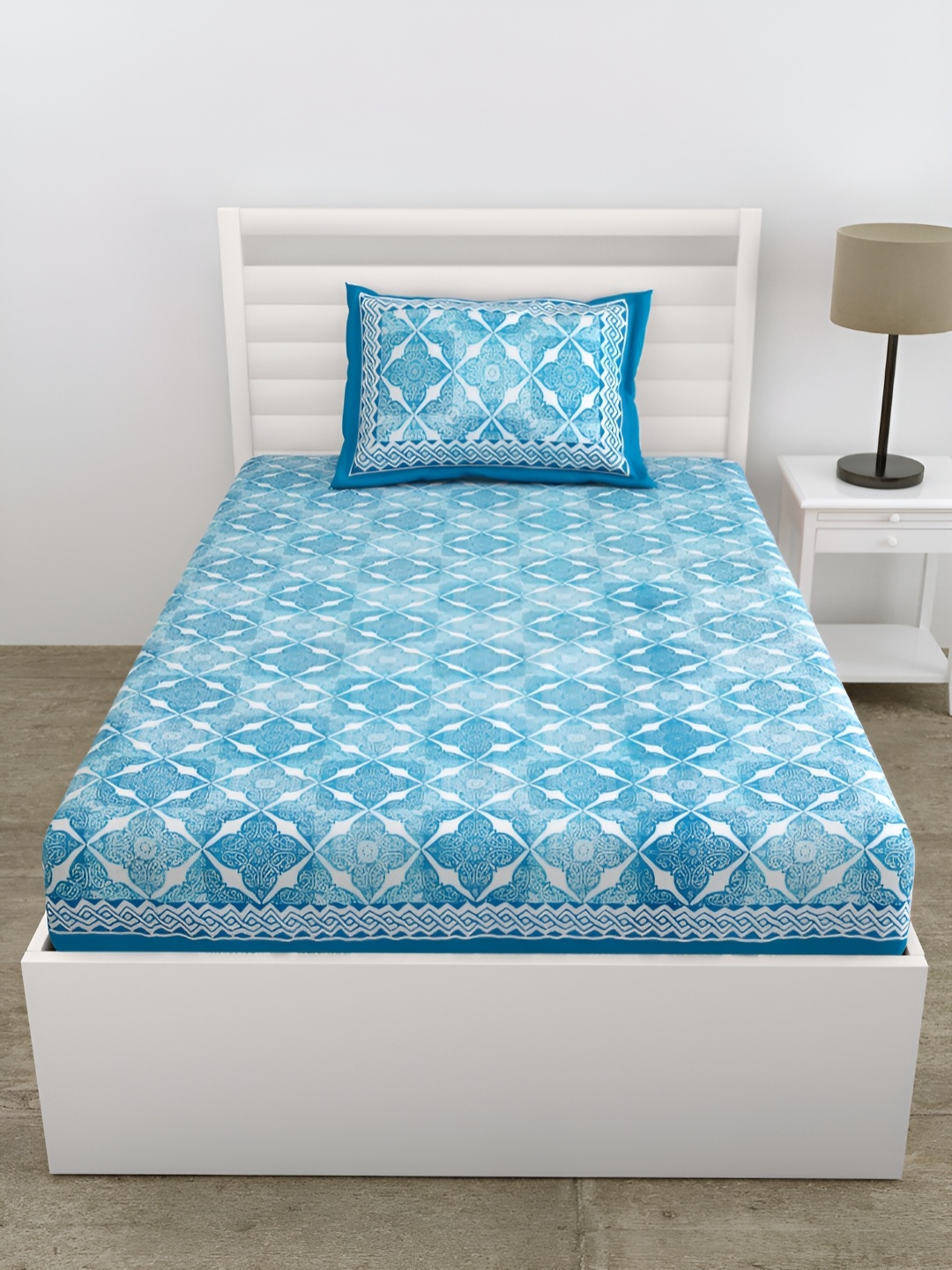 

DOLLIFI Blue & White Ethnic Motifs Cotton 180 TC Single Bedsheet With 1 Pillow Cover