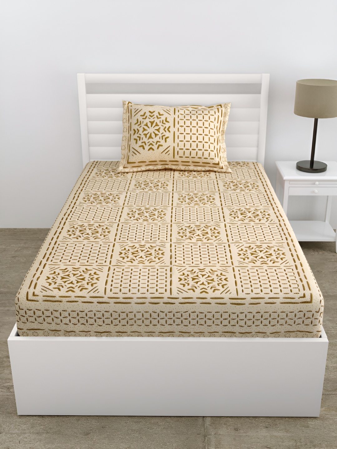 

DOLLIFI Yellow & Brown Geometric Cotton 180 TC Single Bedsheet With 1 Pillow Cover