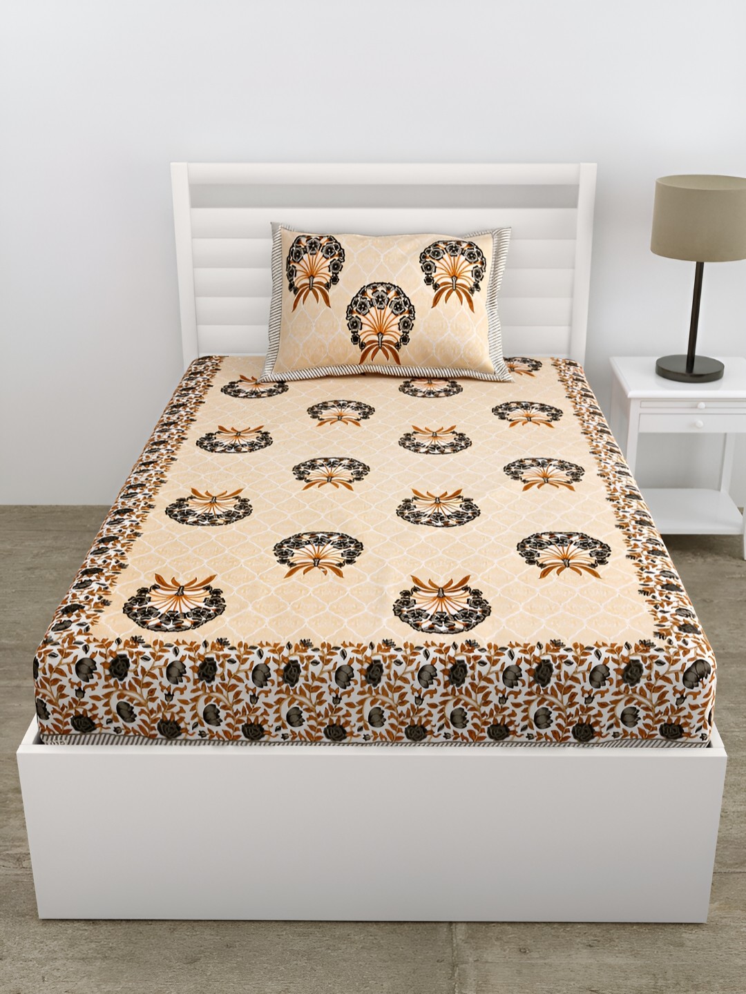 

DOLLIFI Grey & Peach Floral Printed Cotton 180 TC Single Bedsheet With 1 Pillow Cover