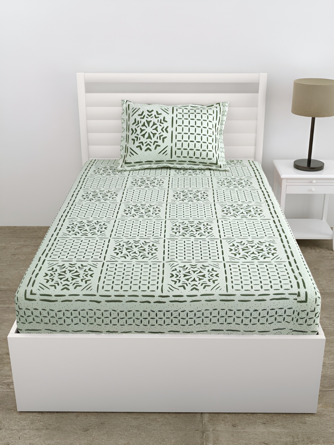 

DOLLIFI Green Geometric Printed Cotton 180 TC Single Bedsheet With 1 Pillow Cover