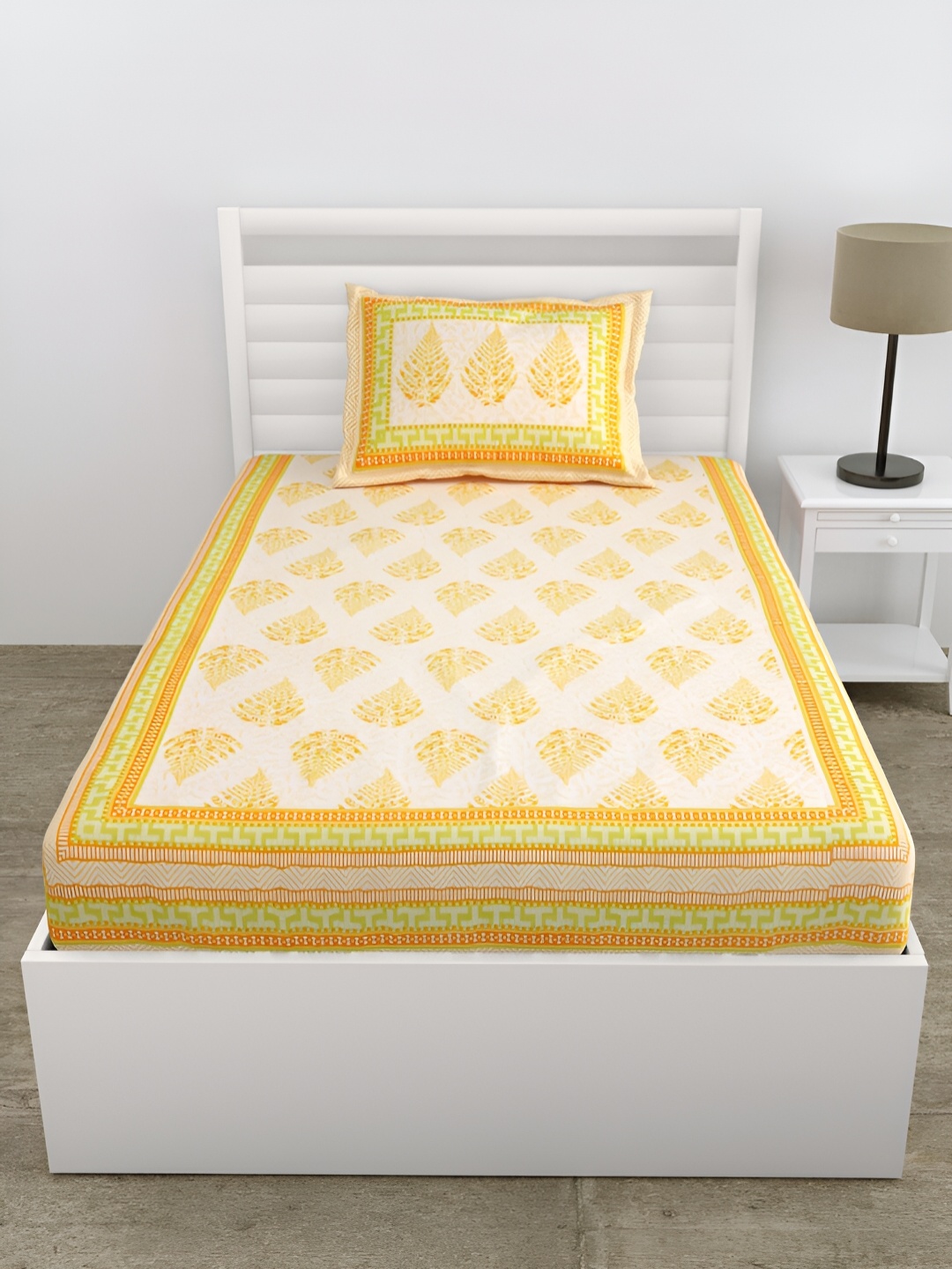 

DOLLIFI Yellow & Green Ethnic Motifs Cotton 180 TC Single Bedsheet With 1 Pillow Cover