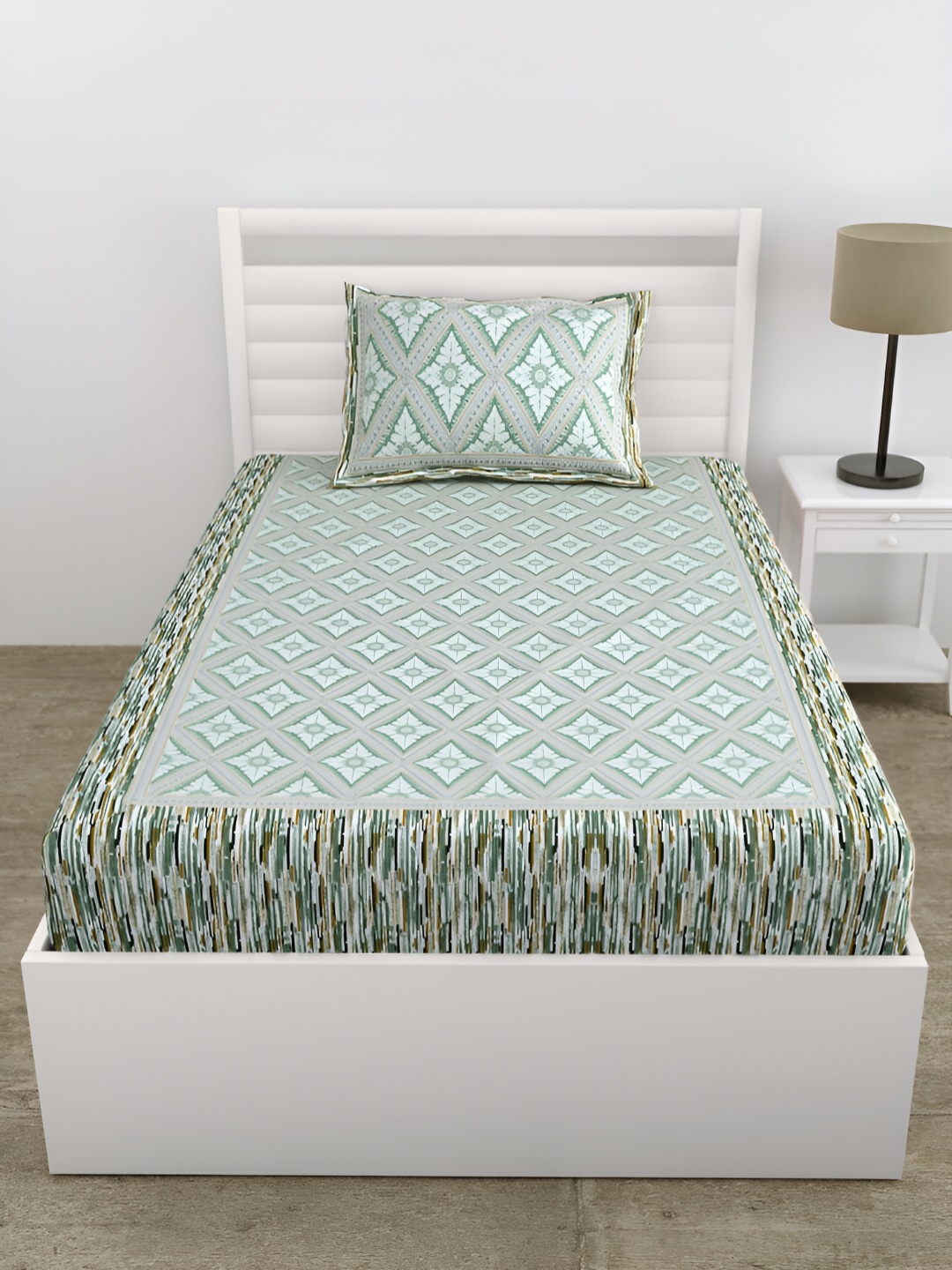 

DOLLIFI Green & Grey Ethnic Motifs Cotton 180 TC Single Bedsheet With 1 Pillow Cover