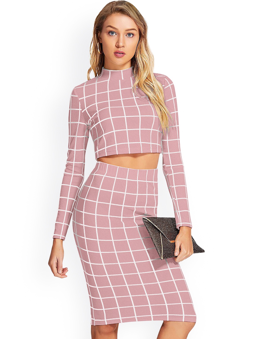 

BAESD Checked Crop Top With Skirt Co-Ords, Peach