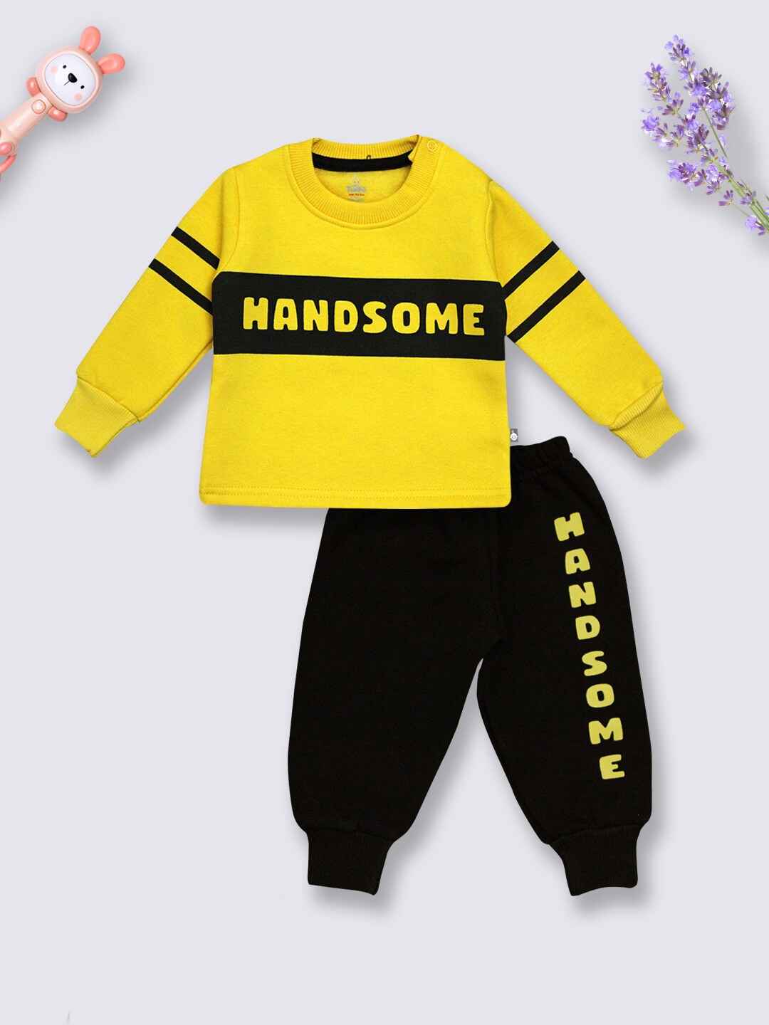 

Moms Love Boys Typography Printed Cotton T-shirt With Trousers, Yellow