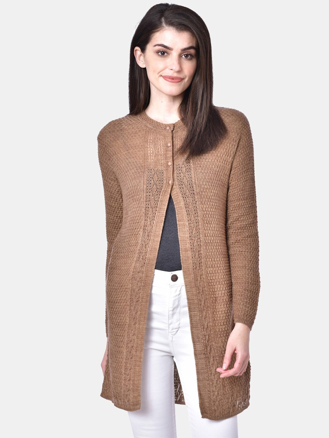 

CLAPTON Open Knit Woollen Longline Cardigan, Brown