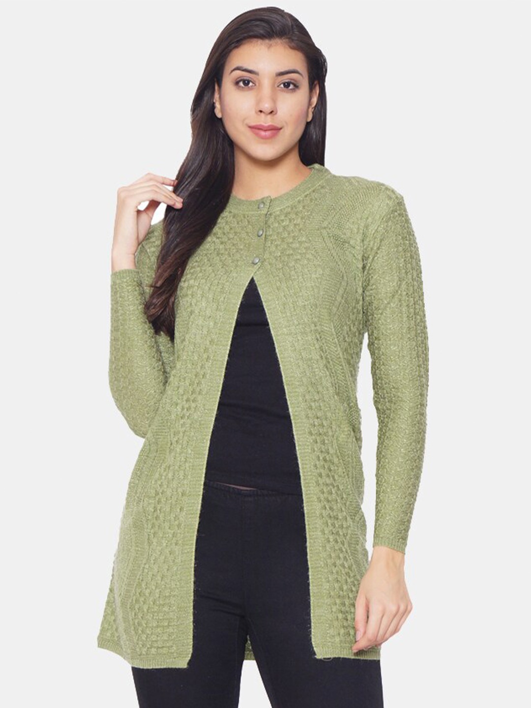 

CLAPTON Cable Knit Woollen Longline Cardigan, Green