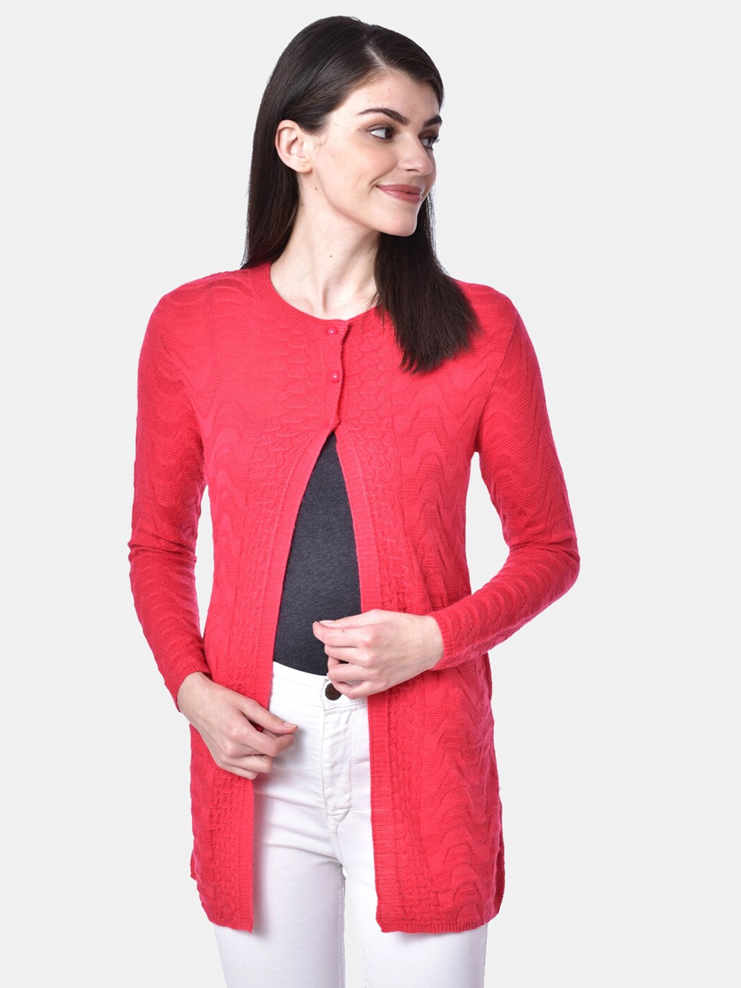 

CLAPTON Cable Knit Woollen Longline Cardigan, Red