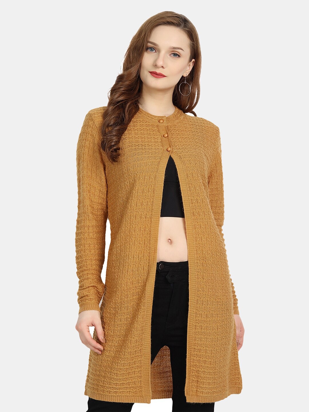 

CLAPTON Self Design Woollen Longline Cardigan, Gold