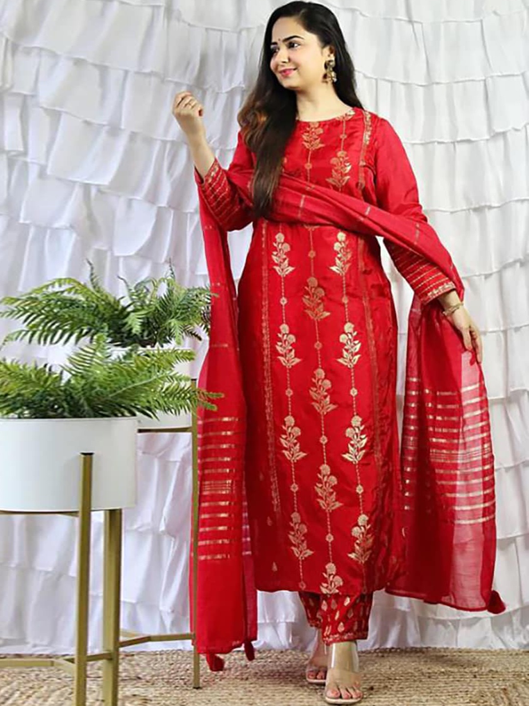 

KALINI Floral Printed Round Neck Calf Length Straight Kurta with Palazzos & Dupatta, Red