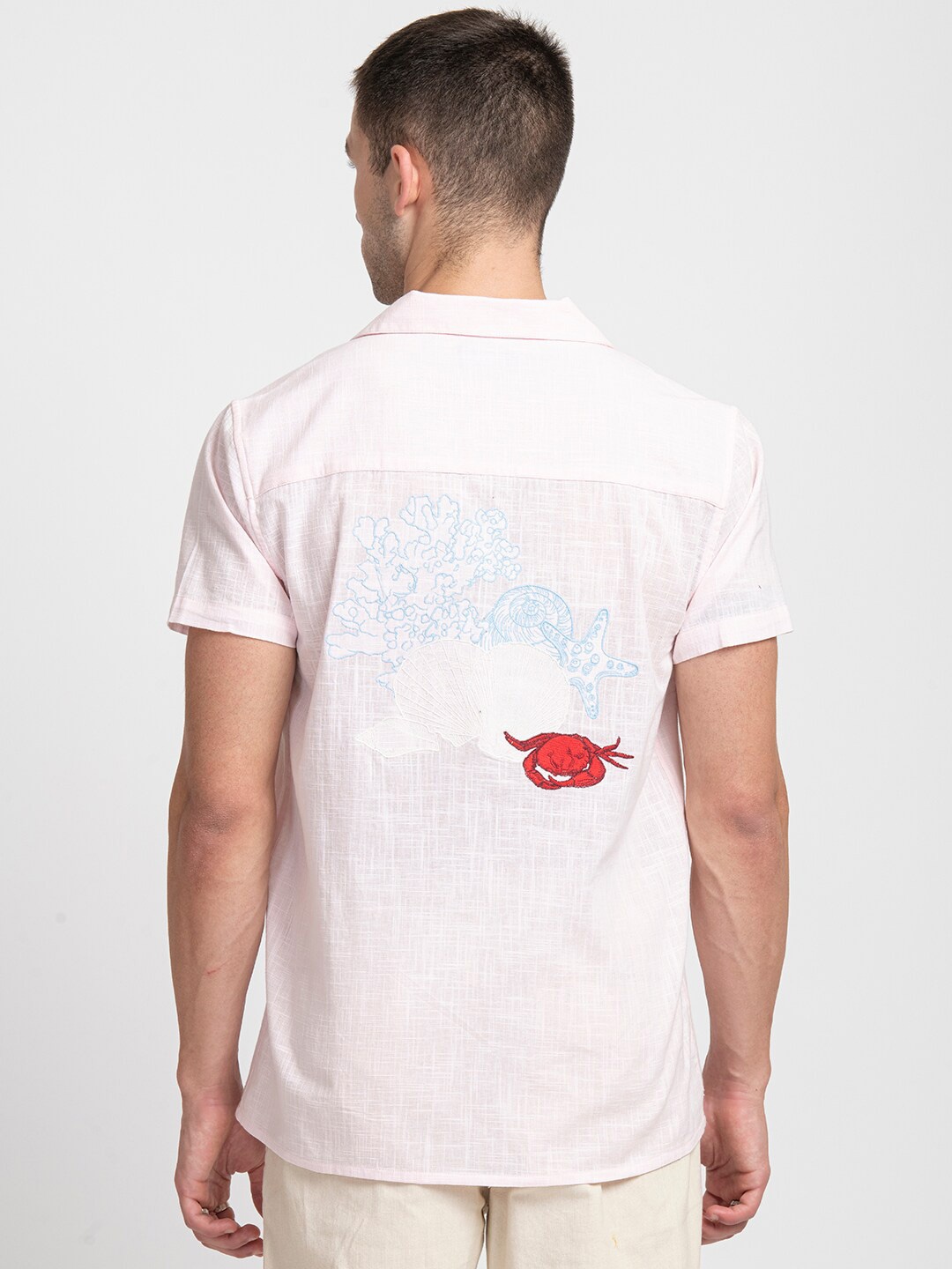

KISSOSS Comfort Embroidered Detail Cuban Collar Cotton Casual Shirt, Pink