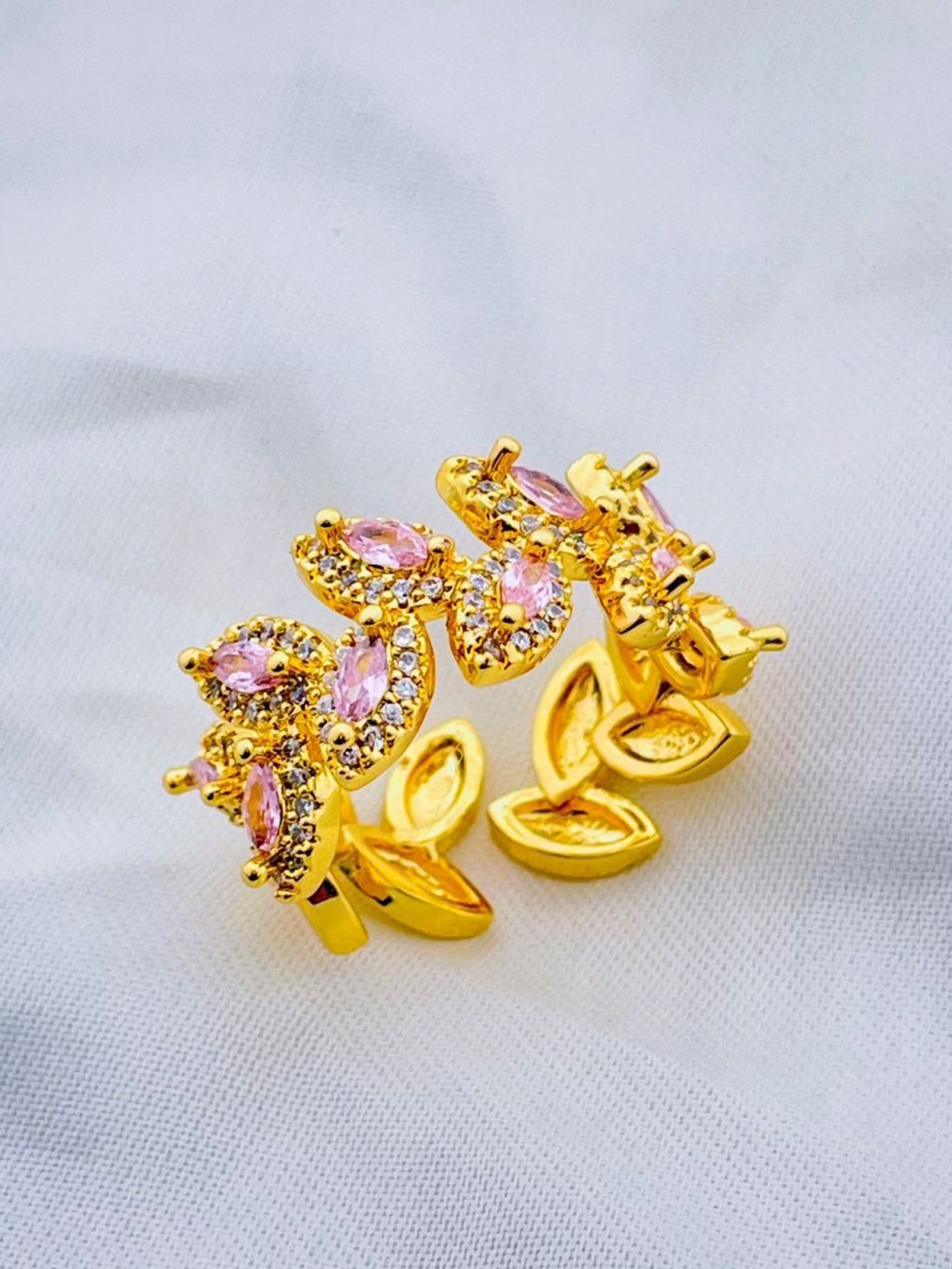 

ZIVOM Gold-Plated CZ Stone Studded Floral Leaf Design Finger Ring