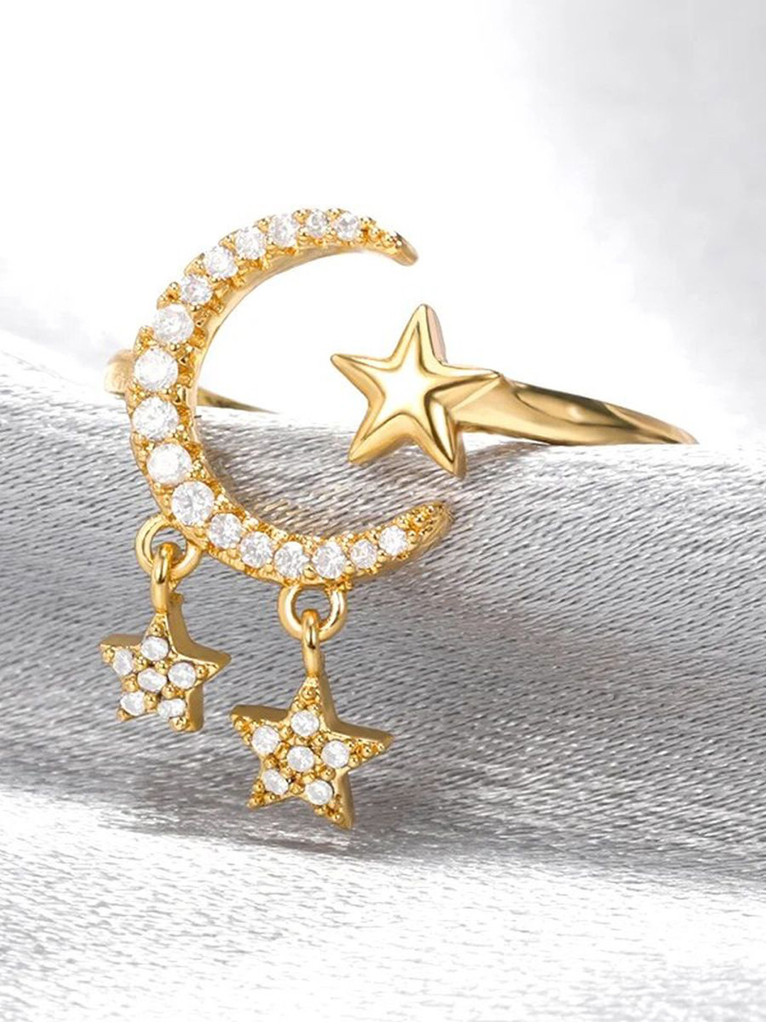 

ZIVOM Gold-Plated CZ Stone Studded Crescent Moon Star Design Finger Ring