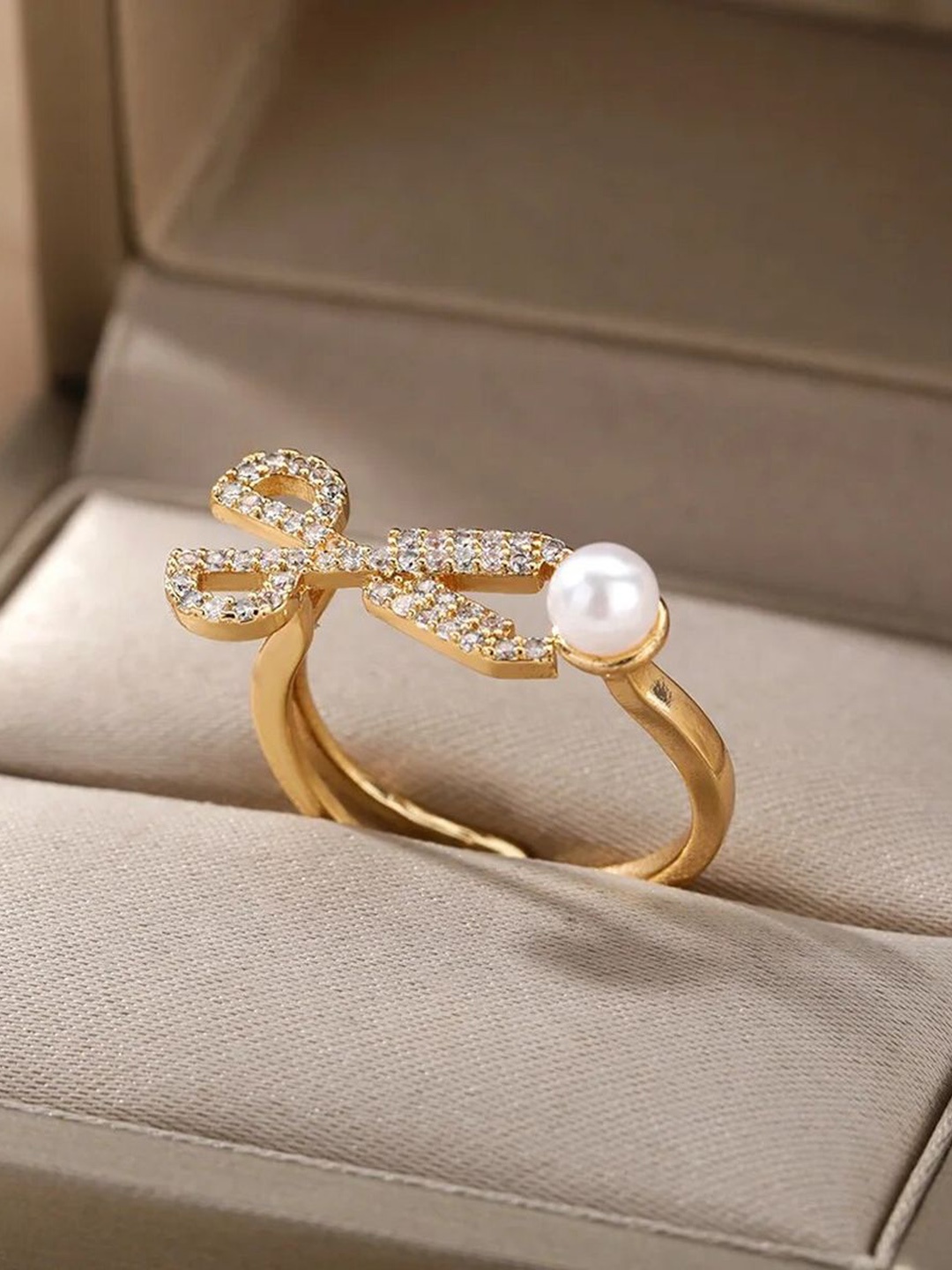 

ZIVOM Gold-Plated Pearl & CZ-Stone Studded Scissor Design Finger Ring