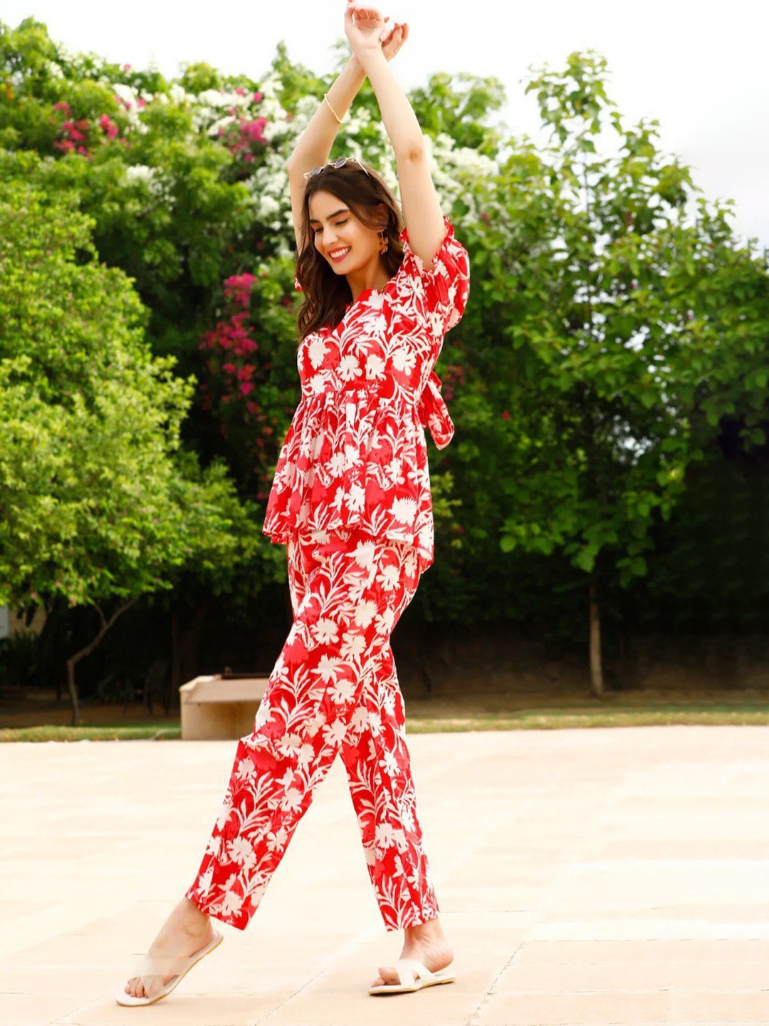 

ISHA TRADE Plus Size Floral Printed Tunic With Trouser Co-Ords, Red
