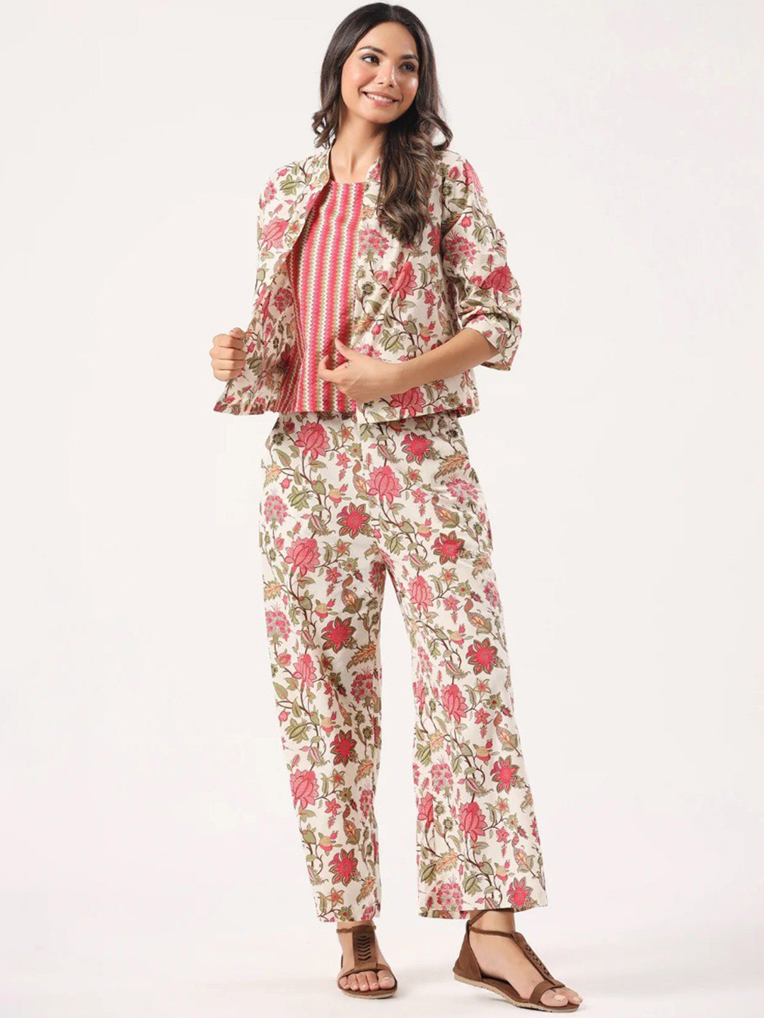 

ISHA TRADE Geometric Printed Top & Trouser With Coat, Pink