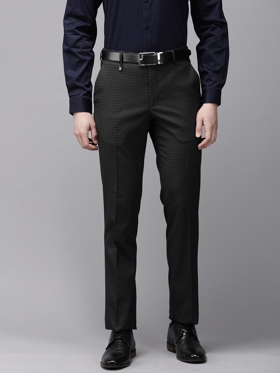

V Dot Men Checked Urban Slim Skinny Fit Formal Trousers, Black