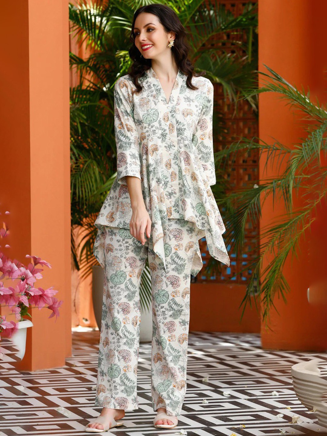 

ISHA TRADE Floral Printed Tunic With Trouser Co-Ords, Cream