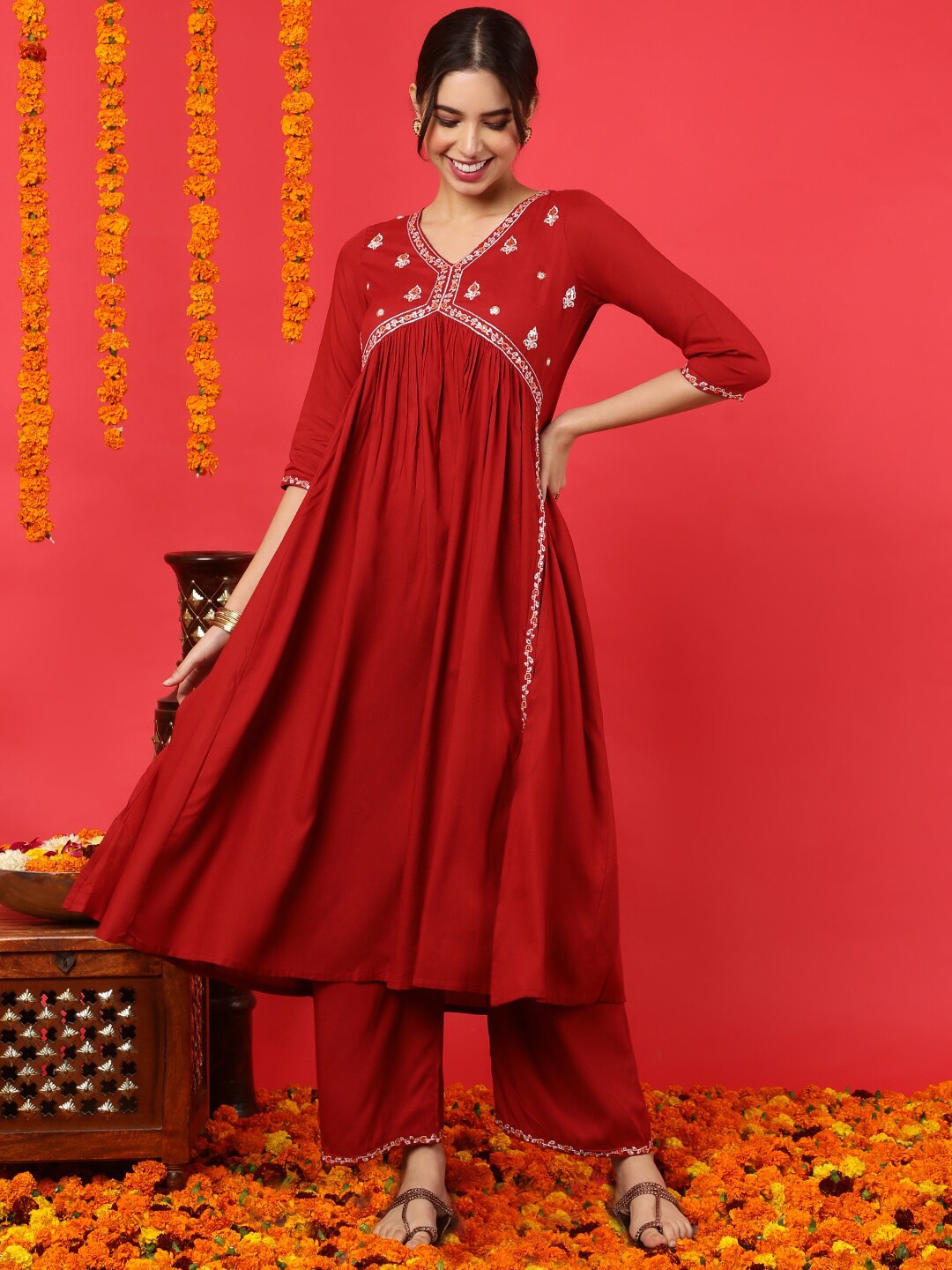 

KIMAYRA Embroidred V Neck Empire Design Anarkali Kurta with Palazzo, Maroon